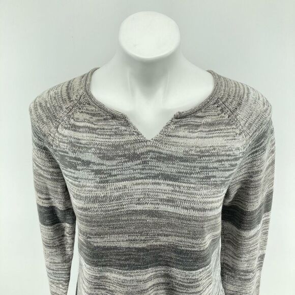 Eddie Bauer Women’s Gray Cotton Stripe Notch Neck Split Roll Pullover Sweater M - Picture 2 of 14